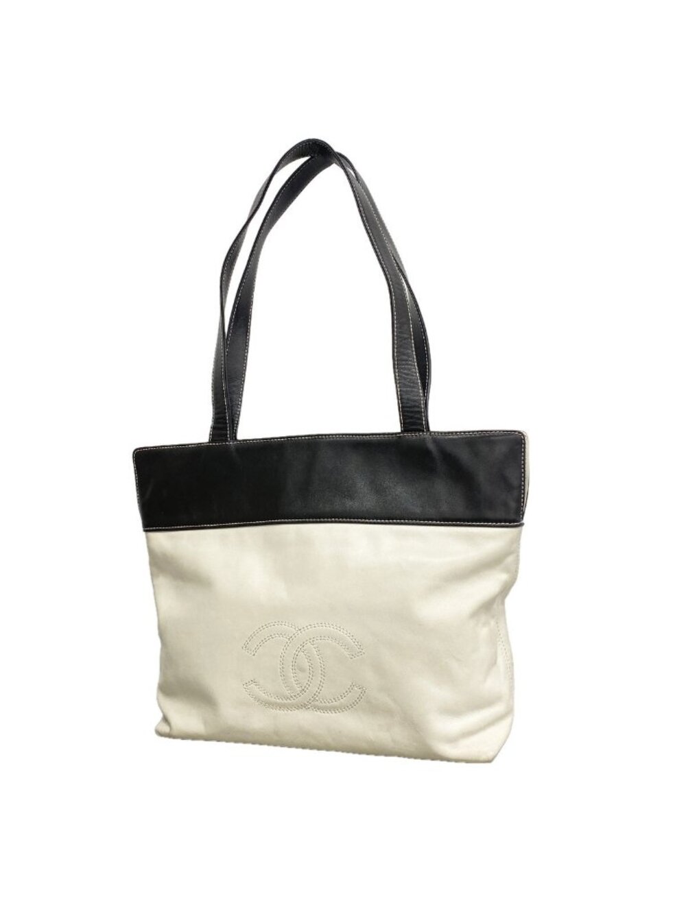 Chanel Tote Bag Lambskin White Black Gold